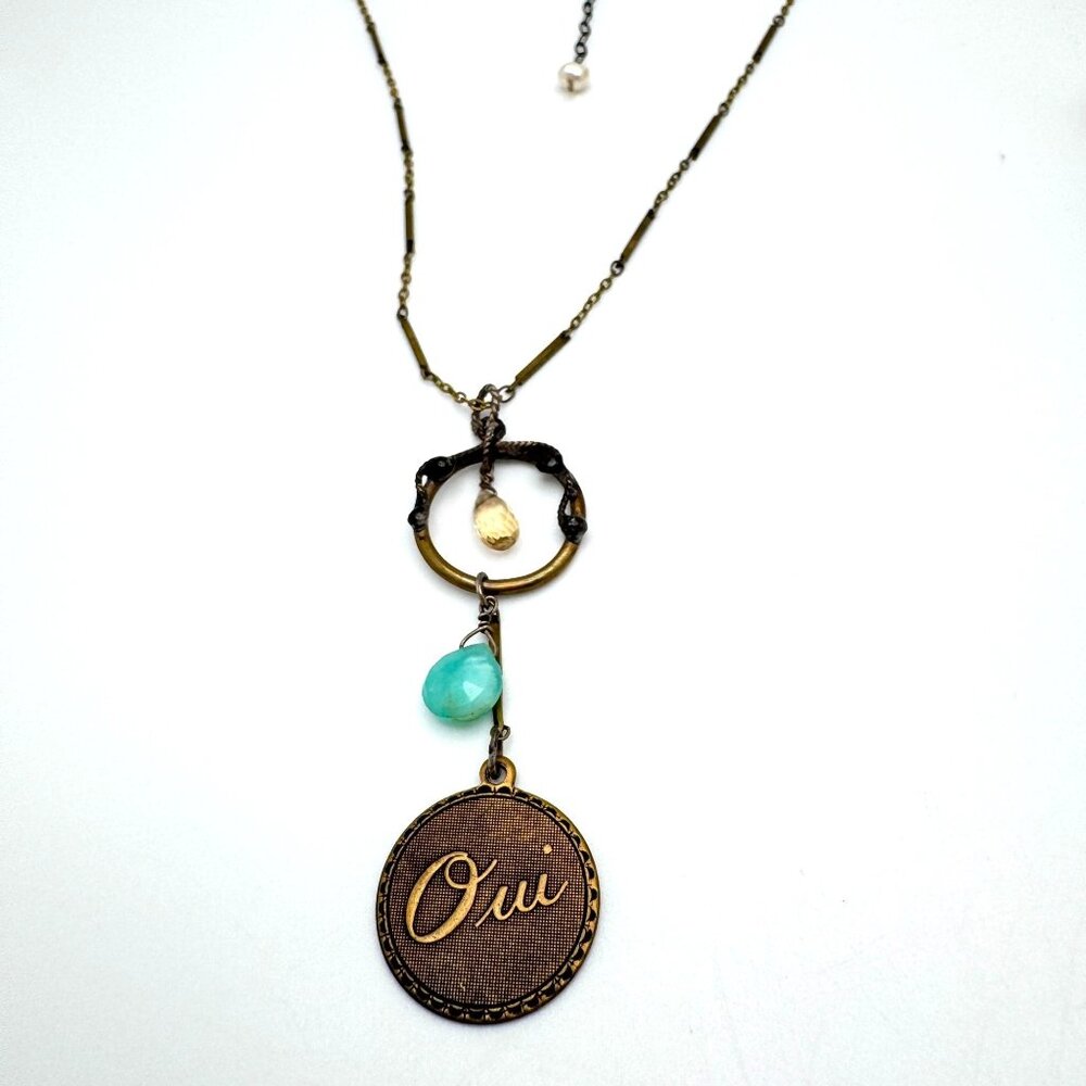 Pavanne Necklace Blue Chalcedony Swarovski Crystal Brass Chain Handcrafted